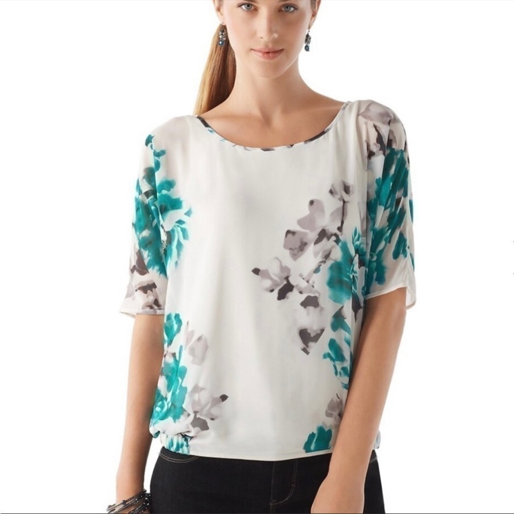 WHBM Cream Chiffon Teal Floral Dolman Sleeve Blouse Sz XS